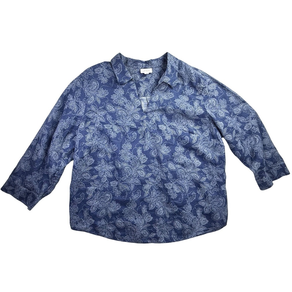 J. JILL Non-Iron 100%‎ Linen Popover Shirt PXL Navy Blue Paisley 3/4 Sleeve Boho